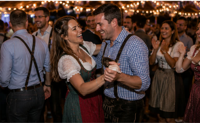 Guests dancing in the Oktoberfest tent