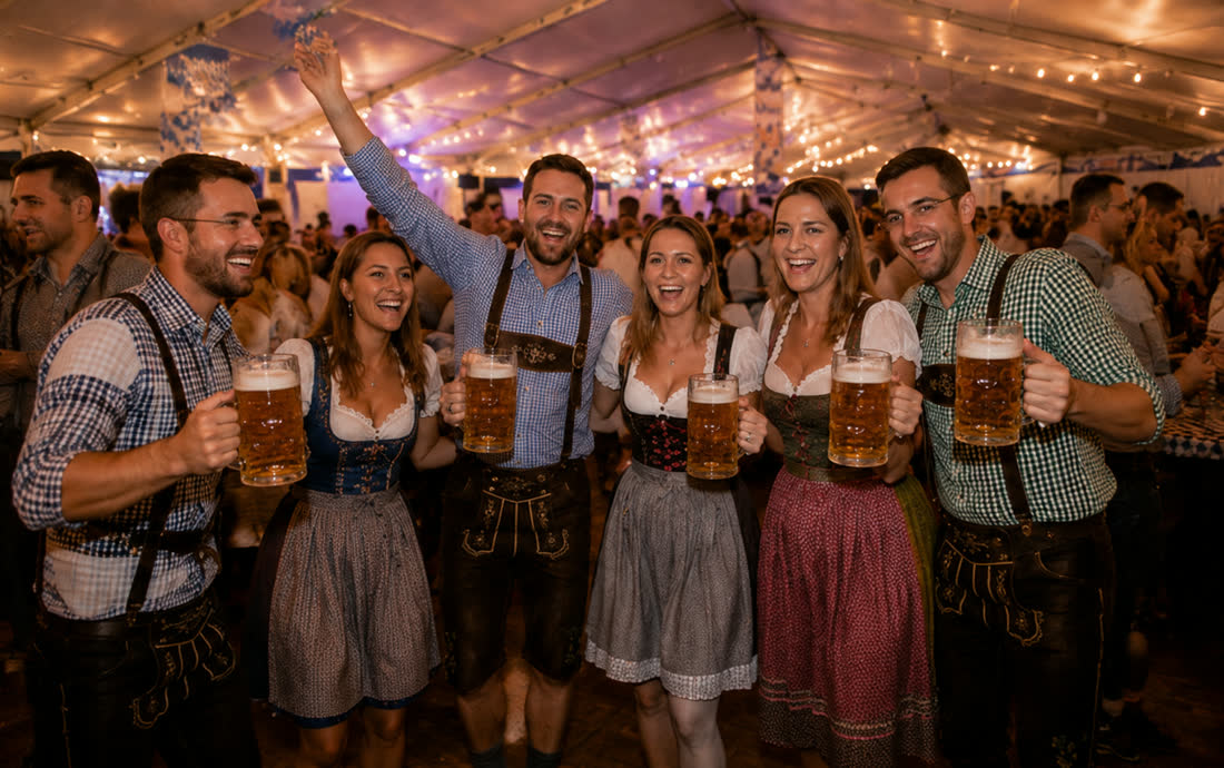 Corporate group enjoying dinner and beer in the Oktoberfest tent