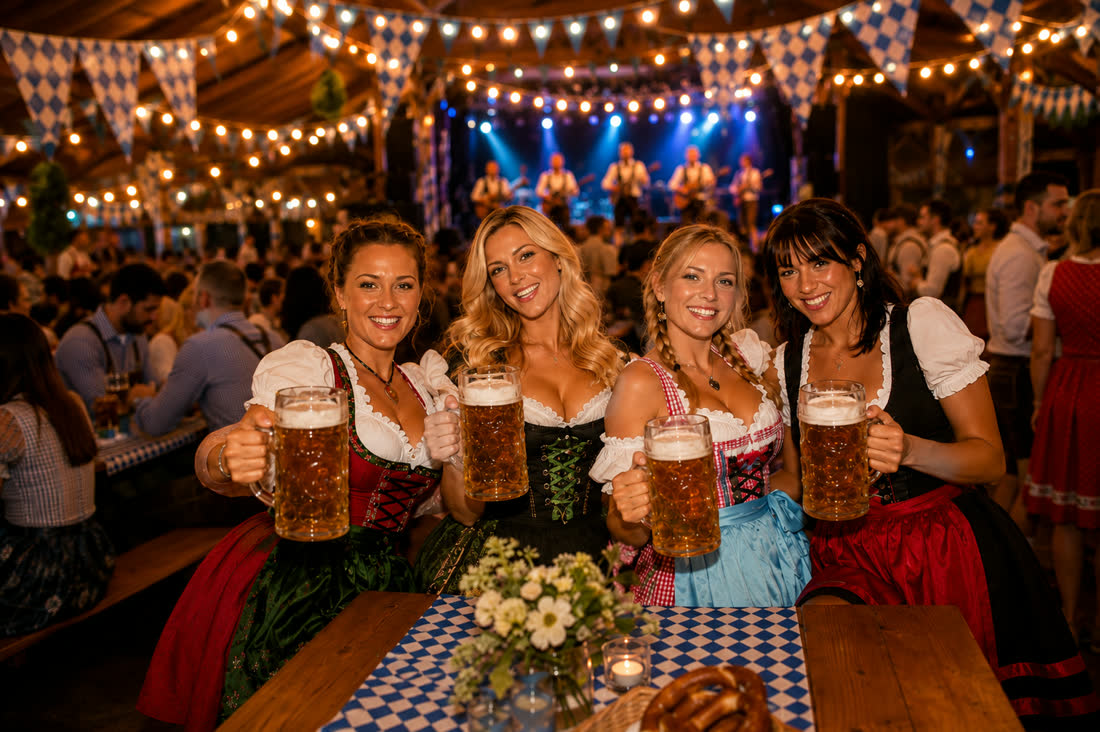 Corporate Oktoberfest guests raising beers together
